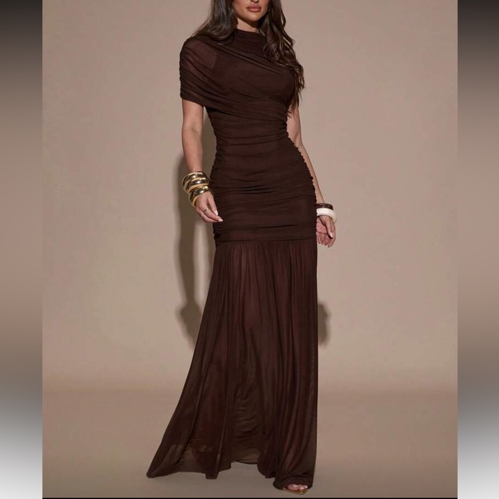 Elegant Brown Off-Shoulder Dress